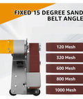 Mini Electric Belt Sander And Knife Sharpener Set Multifunctional Tool For Grinding Polishing Fixing Edges Portable Desktop Machine showing sanding belt with fixed 15 degree angle.