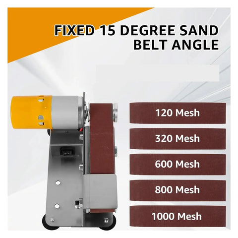 Mini Electric Belt Sander And Knife Sharpener Set Multifunctional Tool For Grinding Polishing Fixing Edges Portable Desktop Machine showing sanding belt with fixed 15 degree angle.