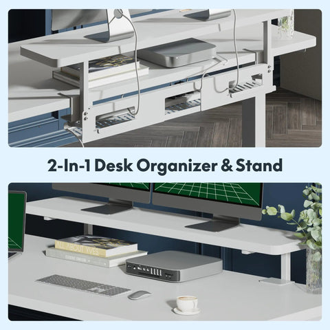 Adjustable Height Standing Desk With Raised Monitor Platform And Sleek Cable Tray For A Sick Home Office Setup That Will Keep Your Workspace Dope And Totally Clutter Free, featuring a 2-in-1 desk organizer and stand.