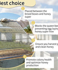 Metal Queen Excluder Set For 8 Frame Beehives, 3 Pack Beekeeping Equipment shown on hive with benefits listed