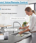 Woman using smart voice assistant in kitchen to open Smart Door Lock With Full Handle Set And Fingerprint Access, Keyless Entry, Bluetooth Front Handle.