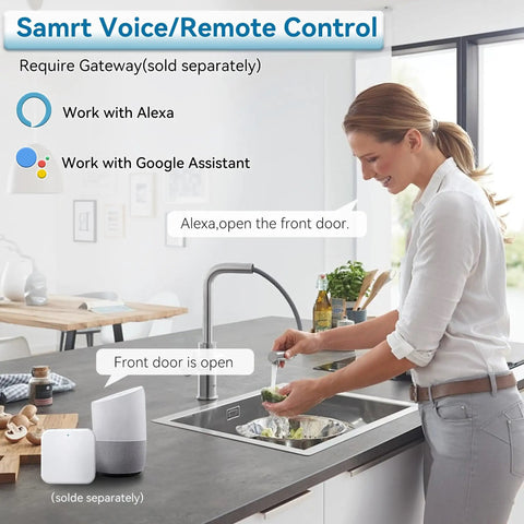 Woman using smart voice assistant in kitchen to open Smart Door Lock With Full Handle Set And Fingerprint Access, Keyless Entry, Bluetooth Front Handle.