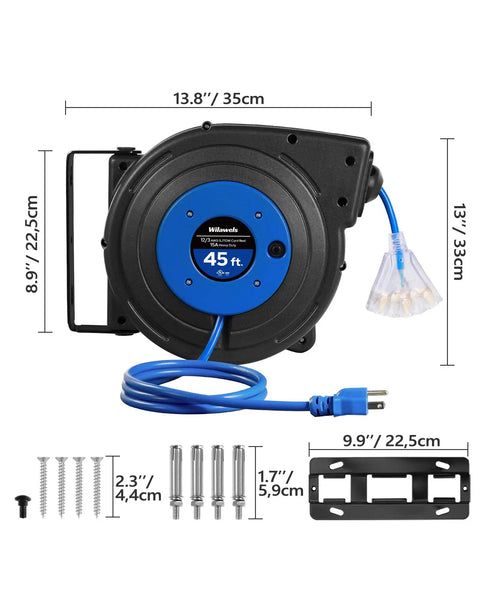 Front view of Retractable Extension Cord Reel With 45 Ft 12 Gauge SJTOW Cord 3 Grounded Outlets Lighted Triple Tap 15 Amp Circuit Breaker UL Listed Heavy Duty Power Reel For Garage Workshop Studio Blue with mounting kit.