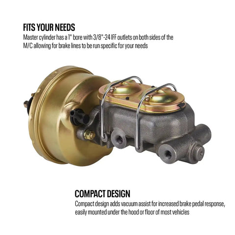 Slick 7 Inch Brake Booster Master Cylinder Combo With 1 Inch Bore features compact design, zinc plated steel, and multiple outlet options.