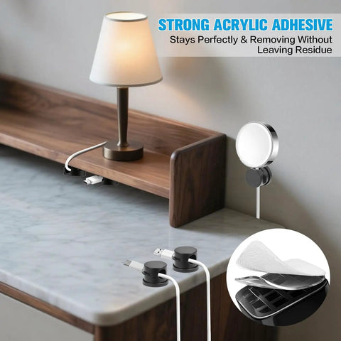 Six Piece Cord Organizer Set With 360 Degree Rotating Cable Clips And Strong Adhesive on a desk managing cables neatly.