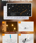 24 Pack Battery Operated Fairy Lights On Silver Wire 7 Ft Long With 20 LEDs packaging, bulb detail, and screwdriver inclusion.