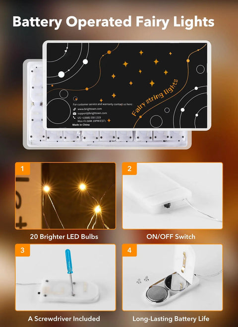 24 Pack Battery Operated Fairy Lights On Silver Wire 7 Ft Long With 20 LEDs packaging, bulb detail, and screwdriver inclusion.