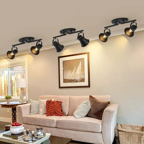 Two Light Black Track Lighting Kit With Adjustable Heads illuminating a living room, showcasing industrial ceiling spotlight fixture.