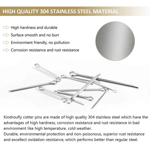 Image showing several cotter pins made from high quality 304 stainless steel, highlighting features like high hardness and smooth surface.