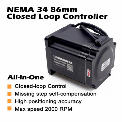 NEMA 34 86mm closed-loop stepper motor module with built-in encoder and motion controller, 24–48V DC, 6A.