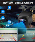 HD 1080P backup camera with night vision and 170-degree wide angle displayed in a car parking scenario.