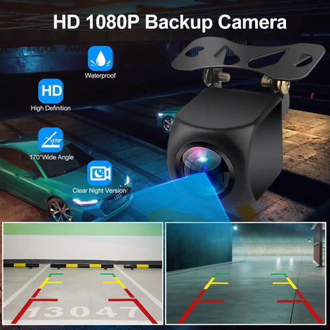 HD 1080P backup camera with night vision and 170-degree wide angle displayed in a car parking scenario.