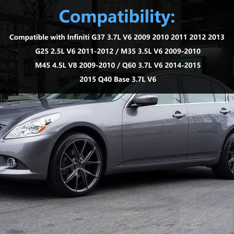 Infiniti G37 sedan front and side view with compatibility list for fuel tank sending unit level sensor