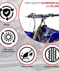 Beefed Up Dirt Bike Light Bar 60W 2500LM Plug N Play Front Headlight Kit for 7/8 Inch Handlebars on dirt bike with features listed