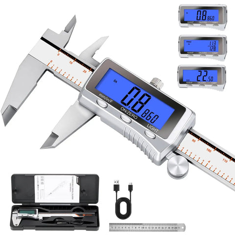 Beefy Rechargeable Digital Caliper With Backlit LCD All Metal Measuring Tool Auto Off Inch mm Fraction 6 Inch Ideal For DIY