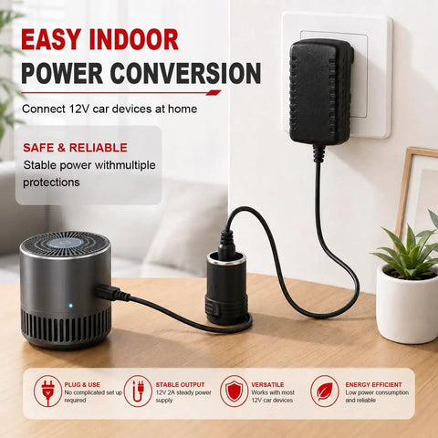 Rock Solid AC To DC 12 Volt Power Converter 24 Watt 2 Amp Adapter with plug connected to a tire inflator and a wall socket.