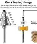 Pro Grade Rabbet Router Bit Set With 1/4 Inch Shank And 6 Interchangeable Bearings For Multi Depth Cuts showing quick bearing change.