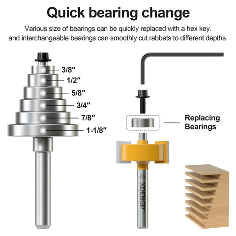 Pro Grade Rabbet Router Bit Set With 1/4 Inch Shank And 6 Interchangeable Bearings For Multi Depth Cuts showing quick bearing change.