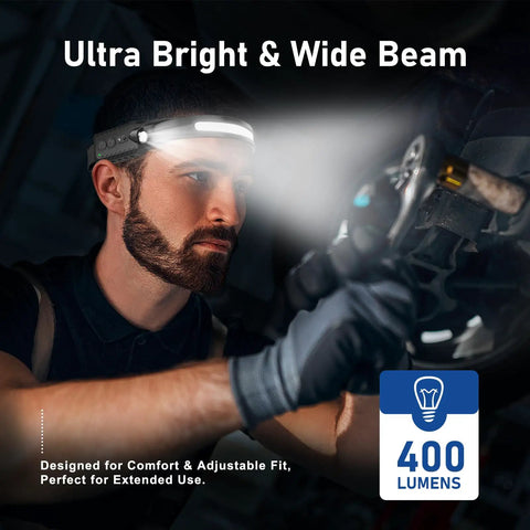 Man using Rechargeable LED Headlamp 3 Pack With USB C, Ultra Bright 400 Lumen Lighting, 230 Degree Wide Beam