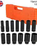 Top Notch 13-Piece Extended Pneumatic Impact Socket Set Crated With Premium Chrome Vanadium Steel Deep Sockets Covering 13mm To 32mm For Heavy Duty Auto Repair And Mechanic Grinds. 13pcs 1/2 inch deep impact sockets in case