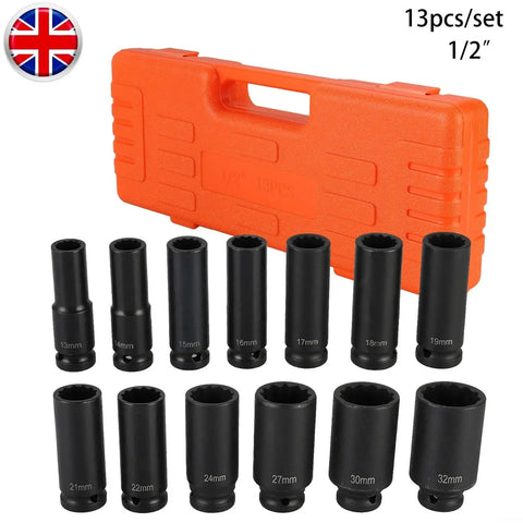 Top Notch 13-Piece Extended Pneumatic Impact Socket Set Crated With Premium Chrome Vanadium Steel Deep Sockets Covering 13mm To 32mm For Heavy Duty Auto Repair And Mechanic Grinds. 13pcs 1/2 inch deep impact sockets in case