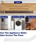 Two Pack Appliance Sliders For Refrigerators And Heavy Furniture shown with refrigerator, washing machine, boxes, and cabinet use