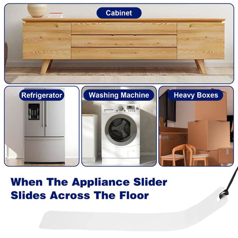 Two Pack Appliance Sliders For Refrigerators And Heavy Furniture shown with refrigerator, washing machine, boxes, and cabinet use