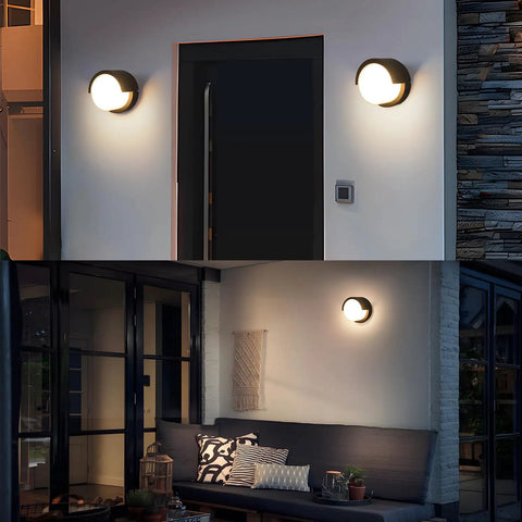 Round Outdoor Sconce Lights Low Profile Porch Lighting Modern Wall Fixtures 12W 3200K Warm White for Patio and Deck 6 Inch Exterior Matte Black Wall Lamp illuminating porch area