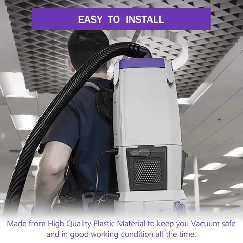 Person using vacuum with HEPA Filter Cover Exhaust Door Replacement For ProTeam Backpack Vacuums 107303 107310 107363