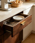 Open drawer with Six Pack Brushed Gold Half Moon Cabinet Pulls 2.5 Inch Center Spacing in kitchen setting
