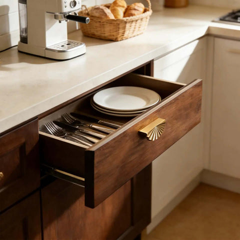 Open drawer with Six Pack Brushed Gold Half Moon Cabinet Pulls 2.5 Inch Center Spacing in kitchen setting