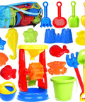Epic 19-Piece Beach Sand Toy Set For Kids Ages 3 To 13 with colorful toys including shovels, molds, bucket, and mesh bag.