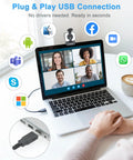 Pro Grade 2K Webcam For Pcs Featuring Warm Led Ring And Punchy Dual Mic Plus Handy Privacy Slider For Daily Work From Home Hustle And Butter Smooth Calls With Zero Hassle Setup Every Single Time You Log On connected to a laptop via USB.