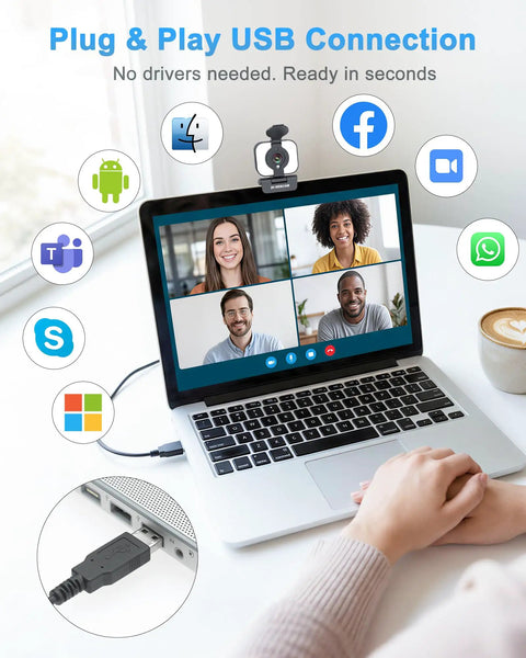 Pro Grade 2K Webcam For Pcs Featuring Warm Led Ring And Punchy Dual Mic Plus Handy Privacy Slider For Daily Work From Home Hustle And Butter Smooth Calls With Zero Hassle Setup Every Single Time You Log On connected to a laptop via USB.