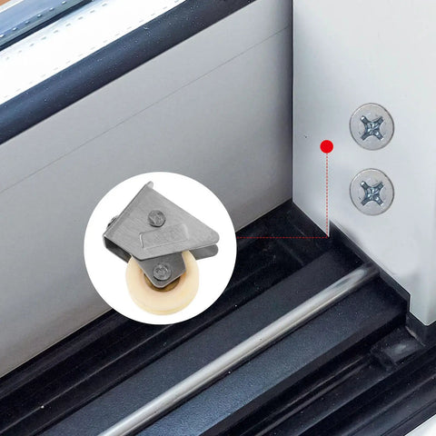 Top Shelf Stainless Steel Sliding Door Roller Featuring Adjustable Window Track Wheel For Dead Simple Installation And Dang Tough Performance On House Projects, close-up of roller and track.