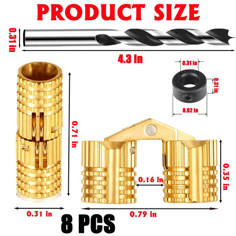 8pcs 8mm Hidden Brass Barrel Hinges Kit With 8mm Drill Bit, Depth Stop Collar And Hex Wrench For Concealed 180 Degree Opening