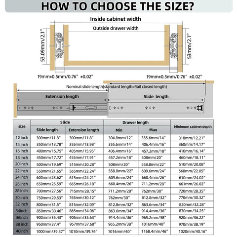 Diagram showing size guide for Beefy Heavy Duty 16 Inch Drawer Slides, 300 Lb Load Capacity, including measurements and installation tips.
