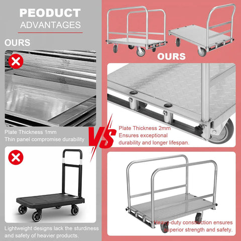 Beast Steel Panel Cart With Four Swivel Casters 2500 Lb Capacity 36x24 Inch Steel Board Three Side Handrails Heavy Duty Platform Truck For Panels Tables And Bulk Goods, silver frame close-up