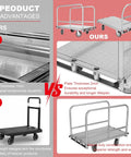 Comparison image showing Heavy Duty Steel Platform Truck 2500 Lbs Capacity with strong 2mm plate versus lightweight design.