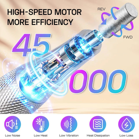 Boss Level Cordless Electric Nail Drill Features Stepless Speed Knob For A Smooth Operator Vibe At 45000 Rpm showcasing motor efficiency.