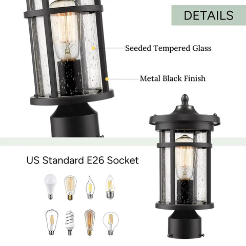 Outdoor Post Light For Garden And Pathway Vintage Exterior Pillar Lamp with seed glass, metal black finish, E26 socket details
