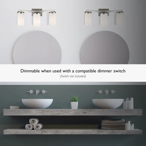 Three Light Slick Satin Nickel Bathroom Light Fixture With Frosted Glass Shades Dimmable Vanity Lighting in modern bathroom