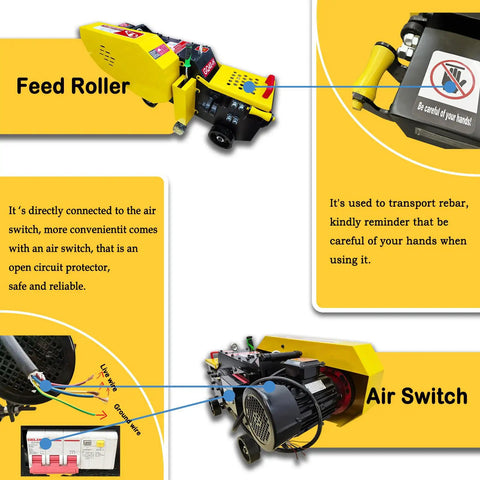 Electric Steel Rebar Cutter Heavy Duty Metal Bar Cutting Machine For Reinforcing Steel Cuts Round Bars, focus on feed roller and air switch