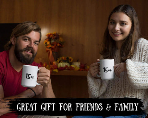 Two people holding Big 15 Oz White Ceramic Rocketry Mug With Funny Sarcastic Quote Printed On Both Sides, laughing together.