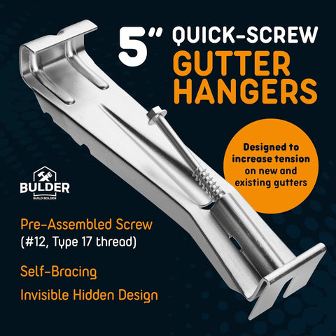 5 inch quick-screw gutter hanger showcasing a pre-assembled screw, designed for easy installation to fix saggy rain gutters.