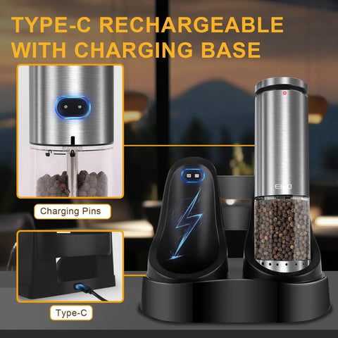 Electric Salt And Pepper Grinder Set USB Rechargeable With External Coarseness Control on charging base with Type-C port