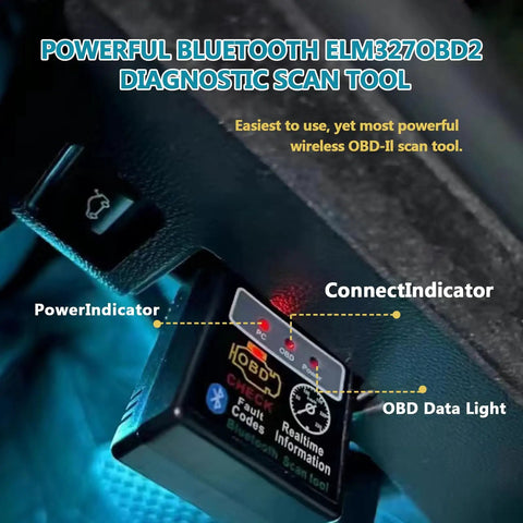 Compact Bluetooth OBD2 Scanner Diagnostic Tool connected under the dashboard with lights indicating power and connection status.
