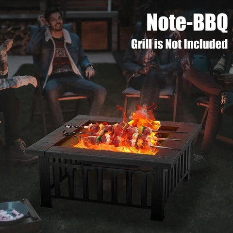 32 Inch Square Outdoor Fire Pit Table With Spark Screen And Fire Poker 3 In 1 Multipurpose Fire Pit used as BBQ