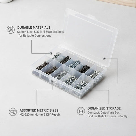 M2 To M20 Metric Fastener Set With Carbon Steel And Stainless Steel Screws Nuts In Storage Box For Furniture Assembly Cabinet Tightening Hinge Fixes And Everyday Home Fixups clear organizer with assorted screws and nuts
