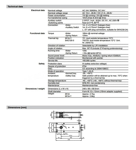 Technical specifications and dimensions of Heavy-Duty Bf24-Tn Damper Actuator With Beefy 18Nm And 12Nm Torque for HVAC.